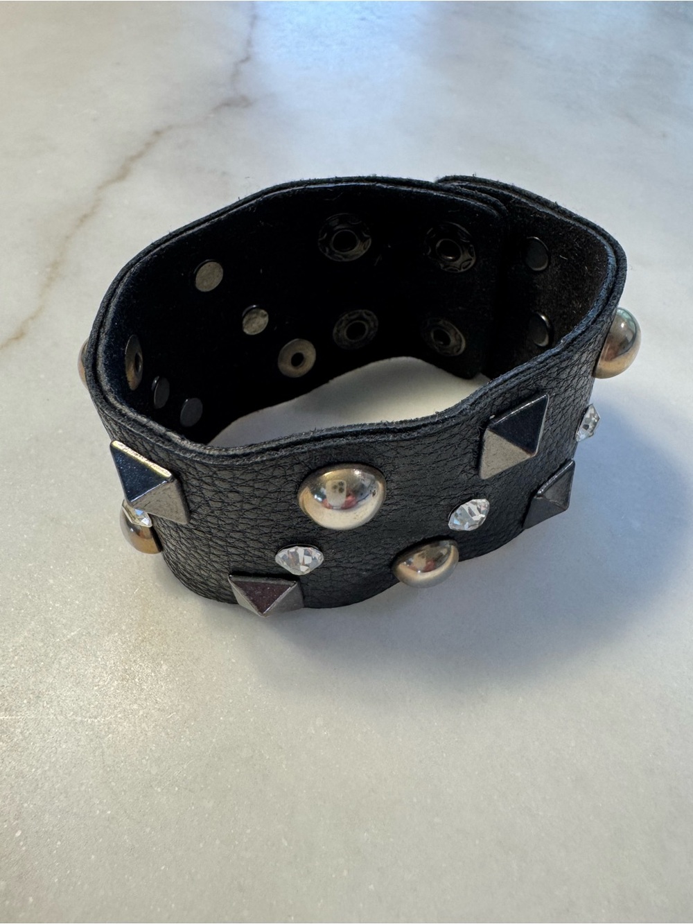 BCBGMaxAzria Black Leather Stud and Gem Cuff Bracelet